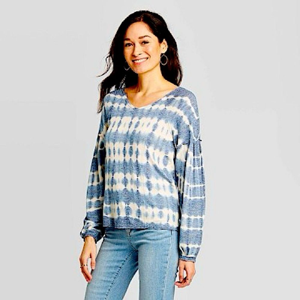 Knox Rose Indigo Tie Dye Long Sleeve V-Neck Blouse Size Medium
